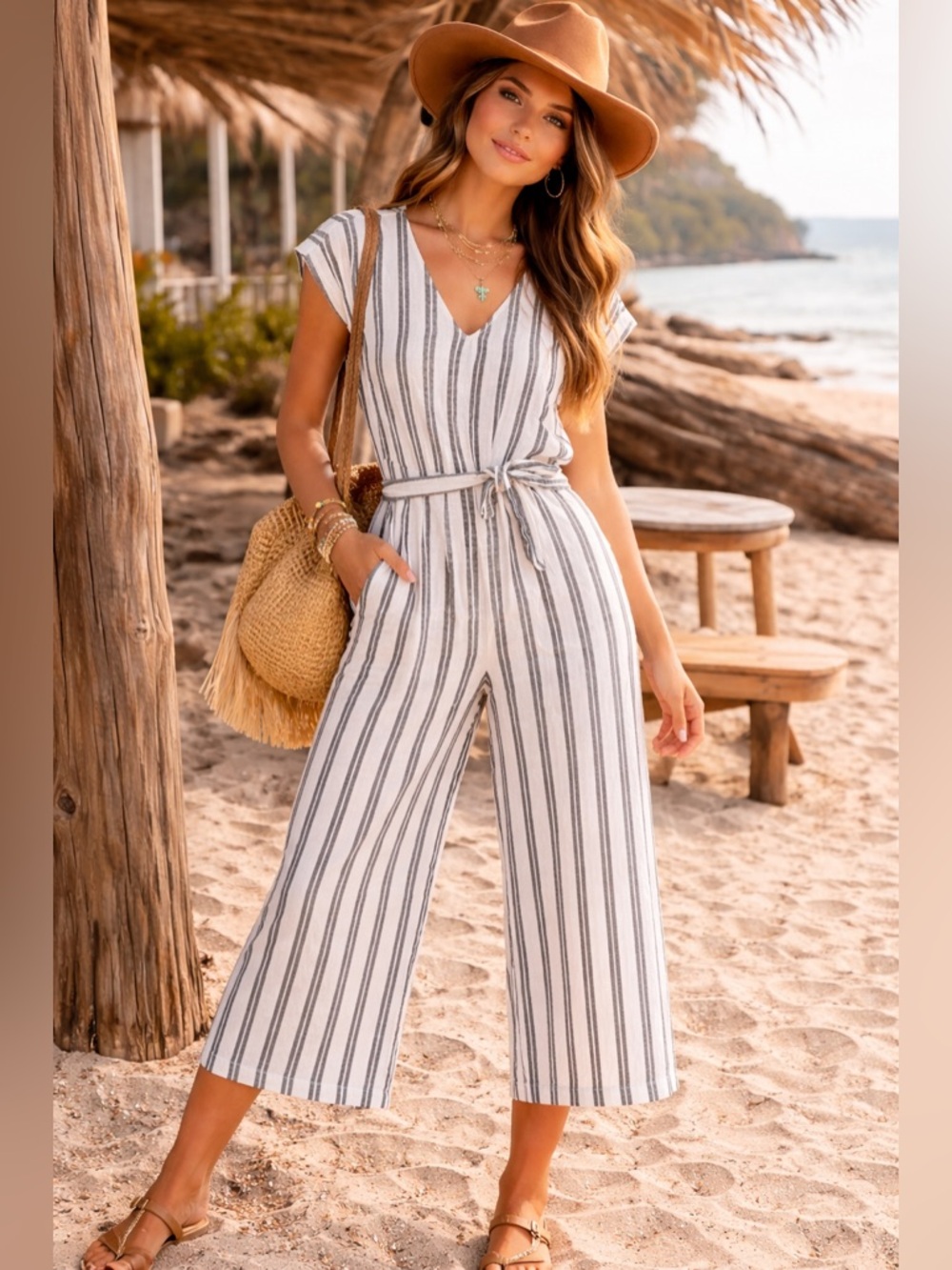 Coastal Cowgirl Striped Cropped Jumpsuit with pockets  | Size 0